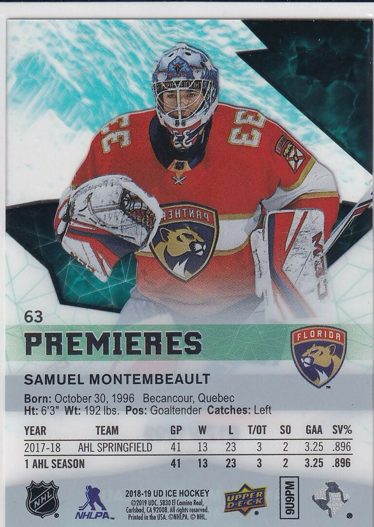 2018-19 Upper Deck Ice #63 Samuel Montembeault Florida Panthers Rookie