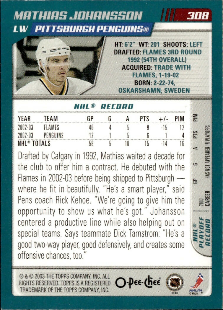 2003-04 O-Pee-Chee - Base #308 Mathias Johansson - Pittsburgh Penguins - B