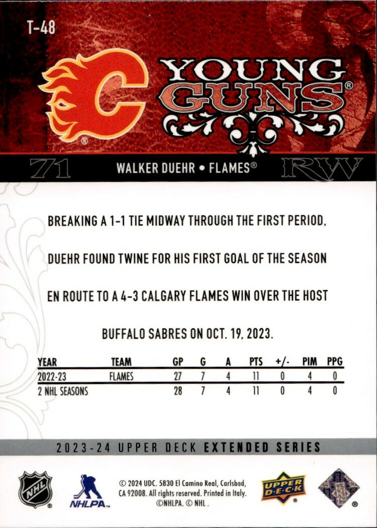 2023-24 Upper Deck Extended Series Hockey - 2008-09 Upper Deck Retro - Young Guns #T-48 Walker Duehr - Calgary Flames - B