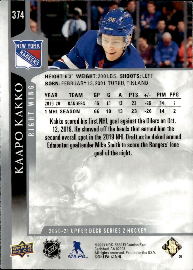 2020-21 Upper Deck Series 2 Hockey - Base #374 Kaapo Kakko - New York Rangers - B