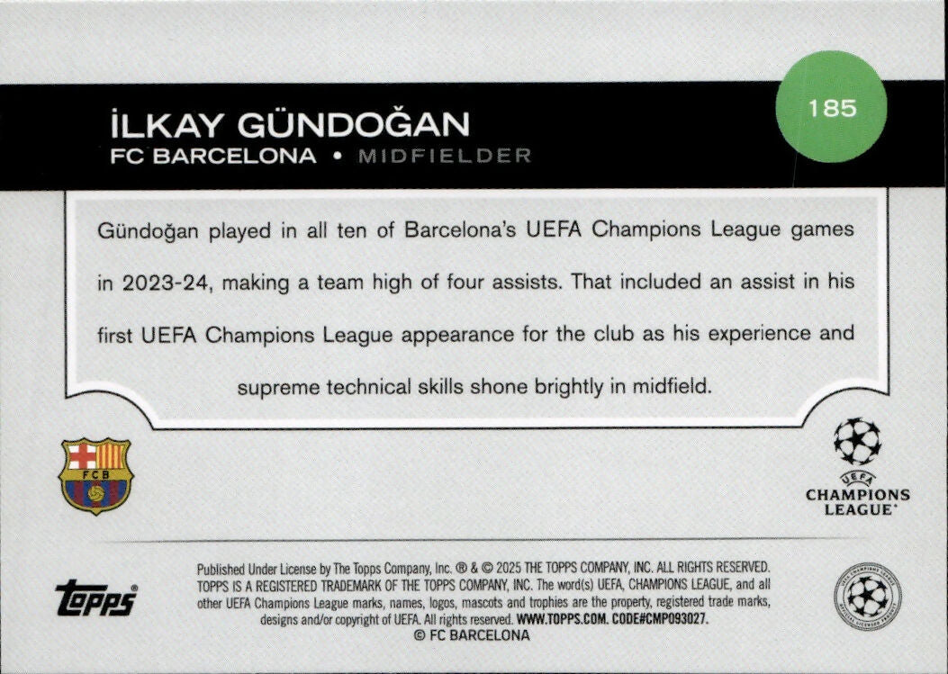 2024-25 Topps UEFA Club Competitions - Base #185 Ilkay Gundogan - FC Barcelona - B