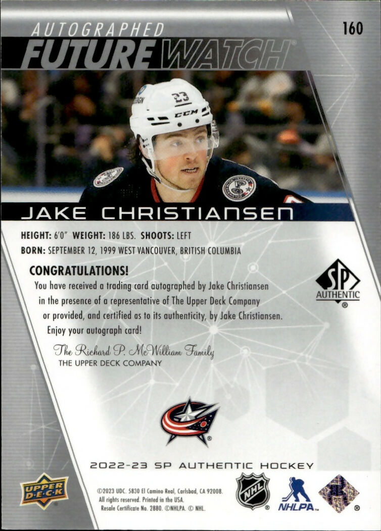 2022-23 Upper Deck SP Authentic Hockey - Base - Future Watch Auto :999 #160 Jake Christiansen - Columbus Blue Jackets - B