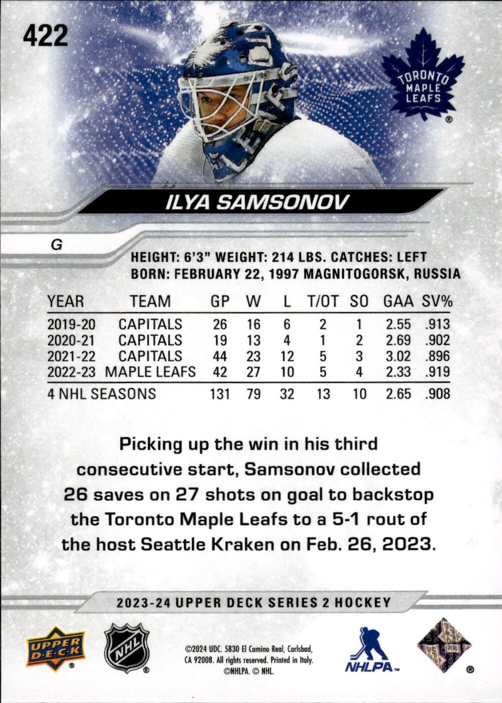 2023-24 Upper Deck Series 2 Hockey - Base #422 Ilya Samsonov - Toronto Maple Leafs