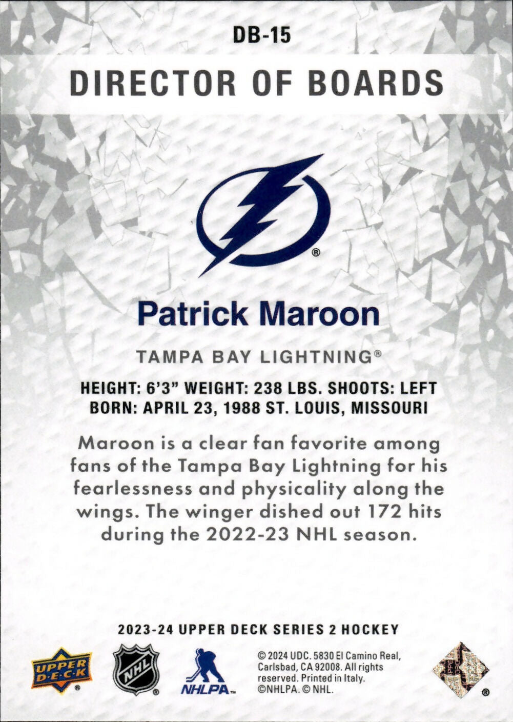 2023-24 Upper Deck Series 2 Hockey - Director of Boards #DB-15 Patrick Maroon - Tampa Bay Lightning