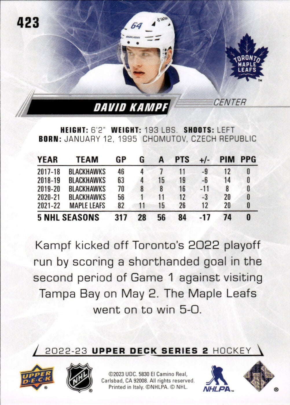 2022-23 Upper Deck Series 2 Hockey Base #423 David Kampf - Toronto Maple Leafs