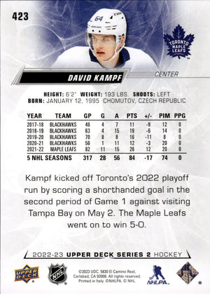 2022-23 Upper Deck Series 2 Hockey Base #423 David Kampf - Toronto Maple Leafs