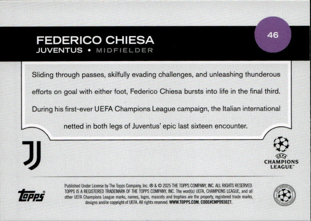 2024-25 Topps UEFA Club Competitions - Base #46 Federico Chiesa - Juventus - B