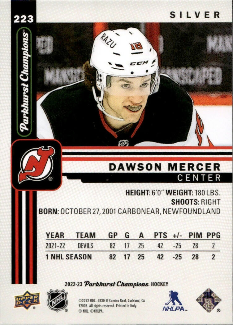 2022-23 Upper Deck Parkhurst Champions - Base - Silver #223 Dawson Mercer - New Jersey Devils - B