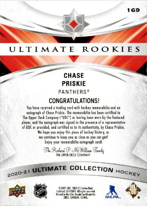 2020-21 Upper Deck Ultimate Collection - Ultimate Rookies - Auto Patch :99 #169 Chase Peiskie - Florida Panthers - B