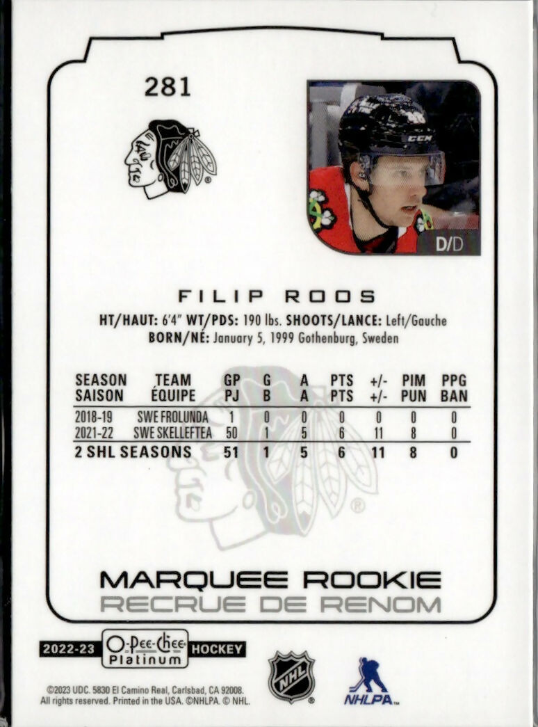 2022-23 Upper Deck O-Pee-Chee Platinum Hockey - Base - Marquee Rookie #281 Filip Roos - Chicago Blackhawks - B