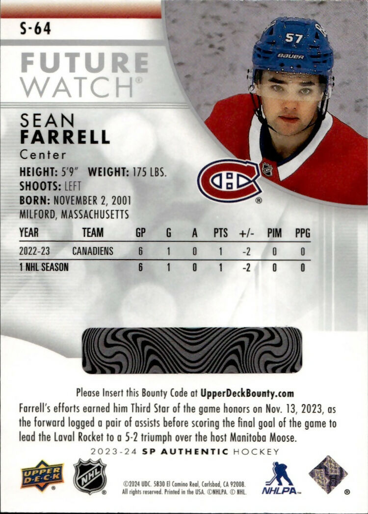 2023-24 Upper Deck SP Authentic Hockey - Future Watch - Spectrum FX #S-64 Sean Farrell - Montreal Canadiens - B