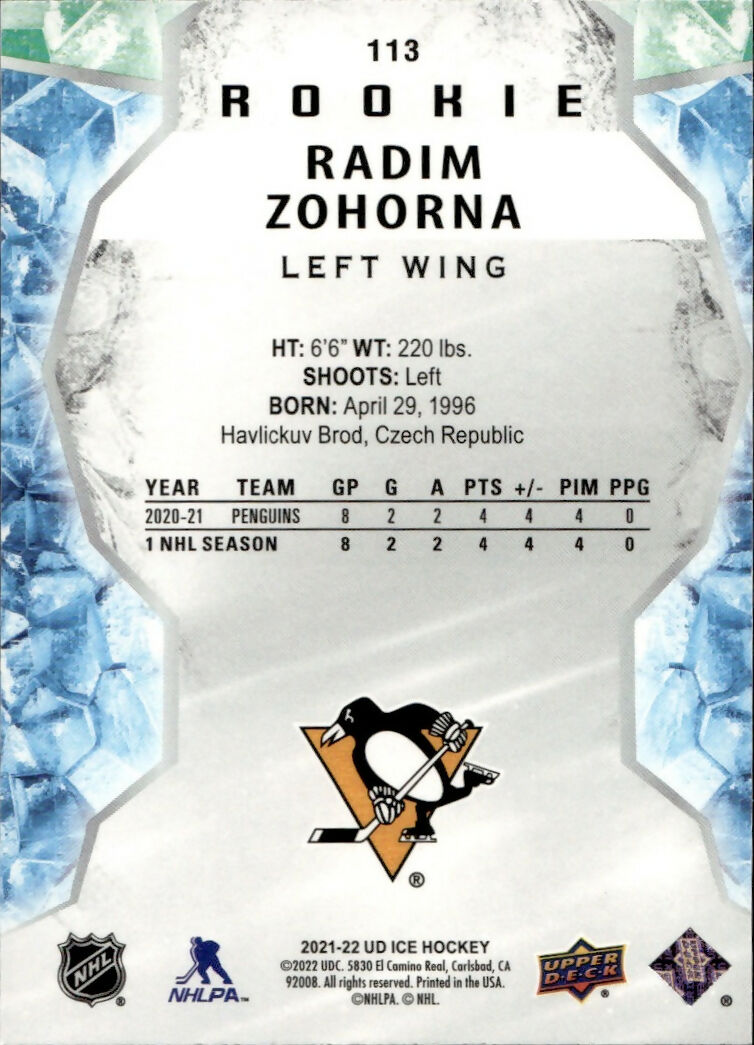 2021-22 Upper Deck Ice Hockey - Base - Rookie - Green #113 Radim Zohorna - Pittsburgh Penguins - B