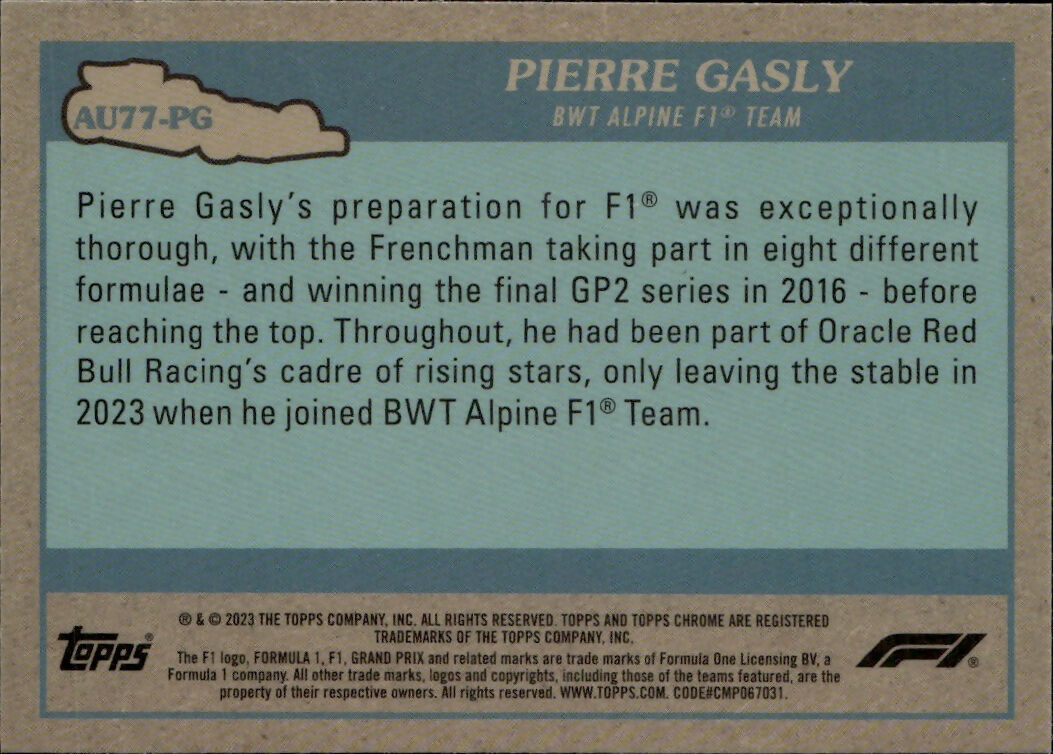 2023 Topps Chrome Formula 1 Autos of 1977 #AU77-PG Pierre Gasly - BWT Alpine F1 Team - B