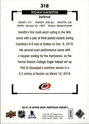 2015-16 Upper Deck Portfolio Hockey - Base - Color Art - Rookie #318 Noah Hanifin - Carolina Hurricanes