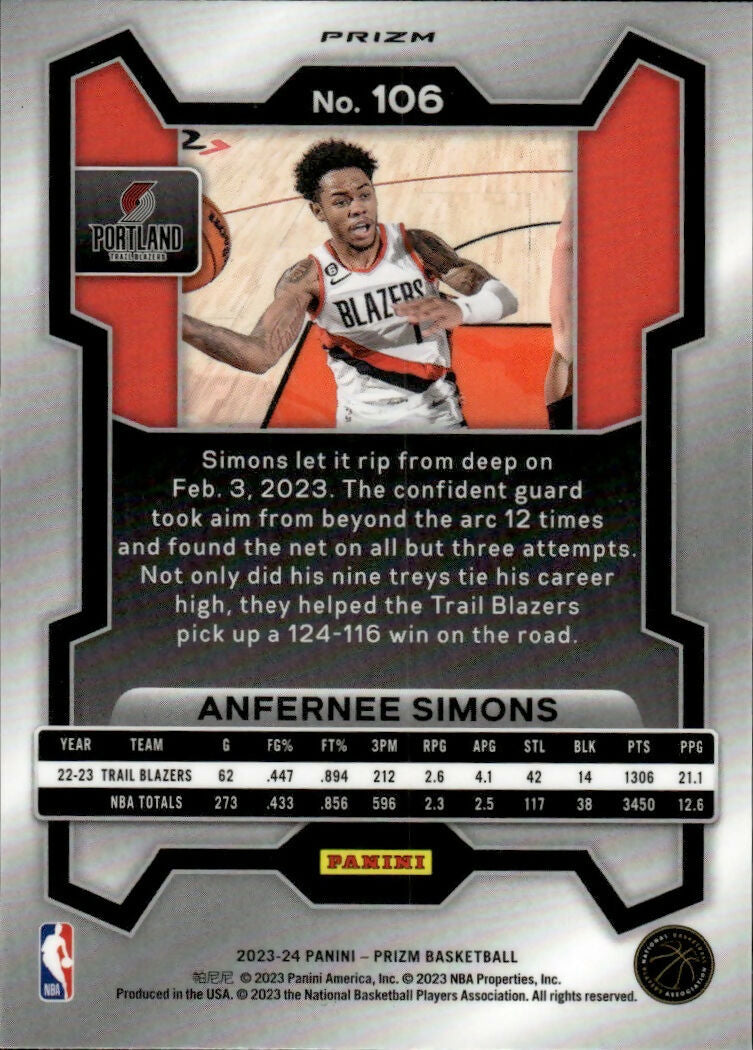 2023-24 Panini Prizm Basketball Base - Fast Break Prizm #106 Anfernee Simons, Portland Trail Blazers - B