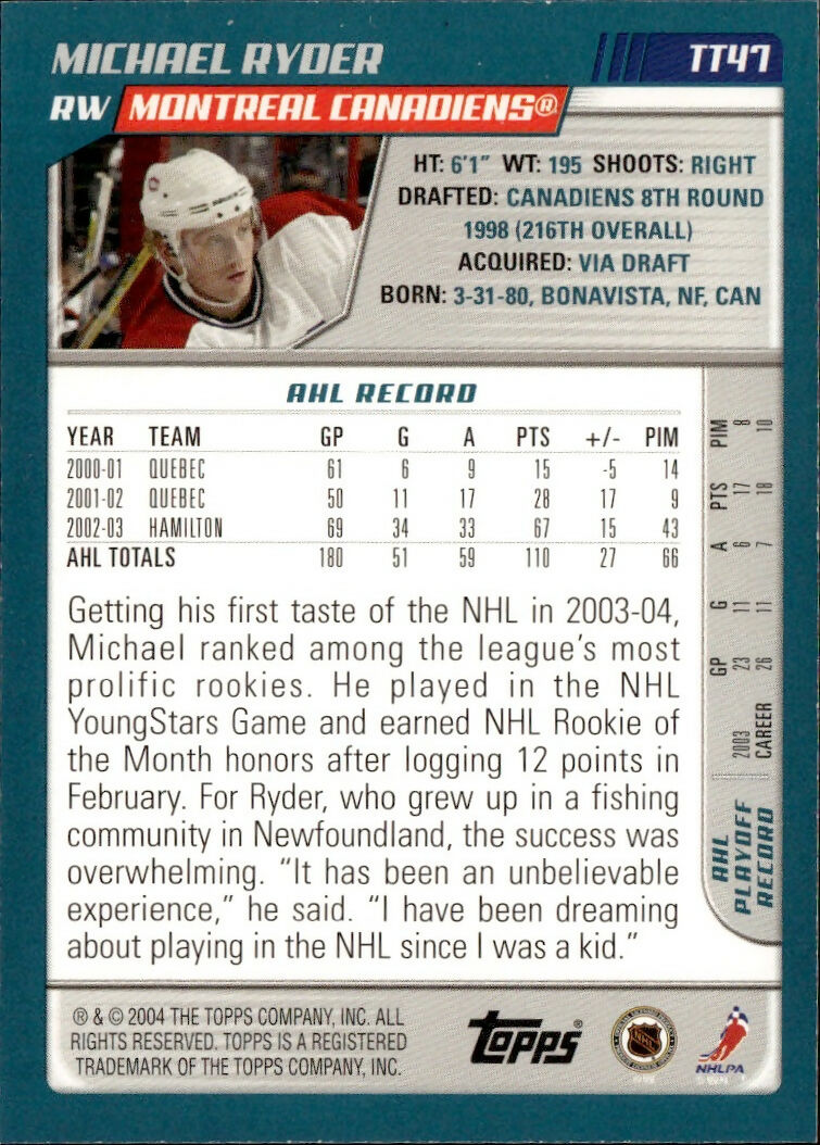 2003-04 Topps Traded - Base - Blue :500 #TT47 Michael Ryder - Montreal Canadiens - B