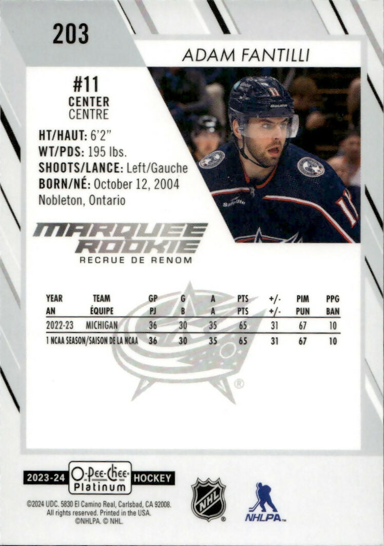 2023-24 Upper Deck O-Pee Chee Platinum Hockey - Base - Marquee Rookie #203 Adam Fantilli - Columbus Blue Jackets - B