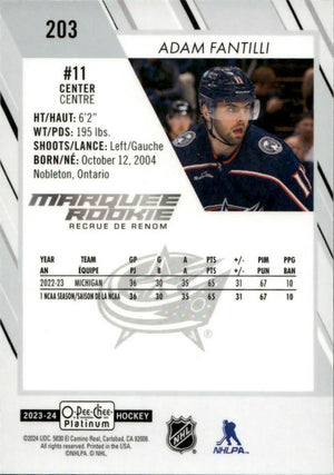 2023-24 Upper Deck O-Pee Chee Platinum Hockey - Base - Marquee Rookie #203 Adam Fantilli - Columbus Blue Jackets - B