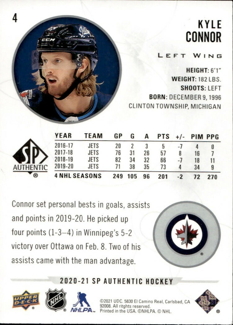 2020-21 Upper Deck Sp Authentic Hockey - Base #4 Kyle Connor - Winnipeg Jets - B