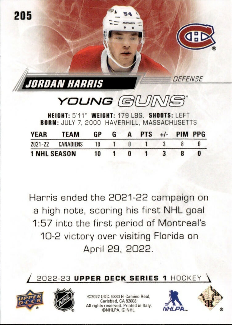 2022-23 Upper Deck Series 1 Hockey - Base - Young Guns #205 Jordan Harris - Montreal Canadiens - B