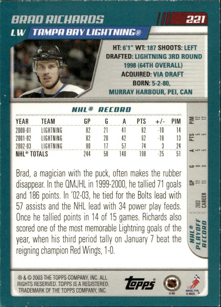 2003-04 O-Pee-Chee - Base - Blue :500 #221 Brad Richards - Tampa Bay Lightning - B