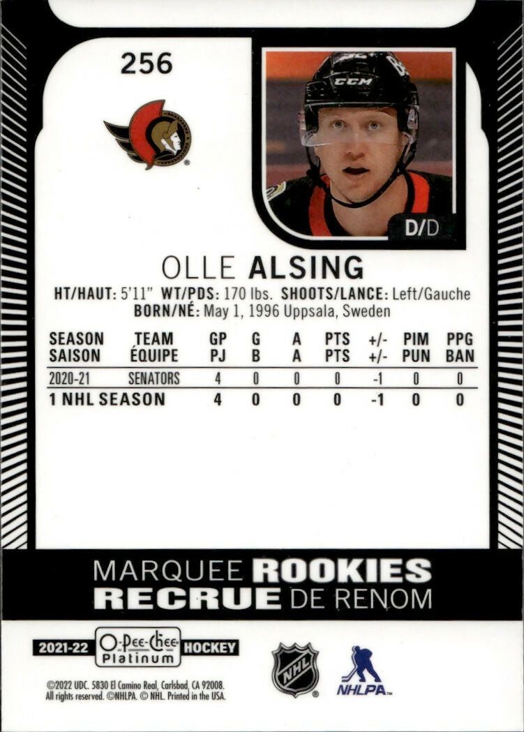 2021-22 Upper Deck O-Pee-Chee Hockey - Base - Marquee Rookie #256 Olle Alsing - Ottawa Senators - B