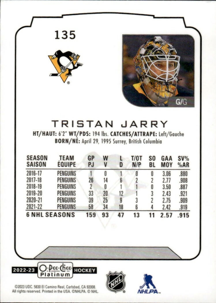 2022-23 Upper Deck O-Pee-Chee Platinum Hockey - Base #135 Tristan Jarry - Pittsburgh Penguins