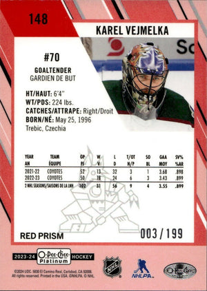 2023-24 Upper Deck O-Pee Chee Platinum Hockey - Base - Red Prizm :199 #149 Karel Vejmelka - Arizona Coyotes - B