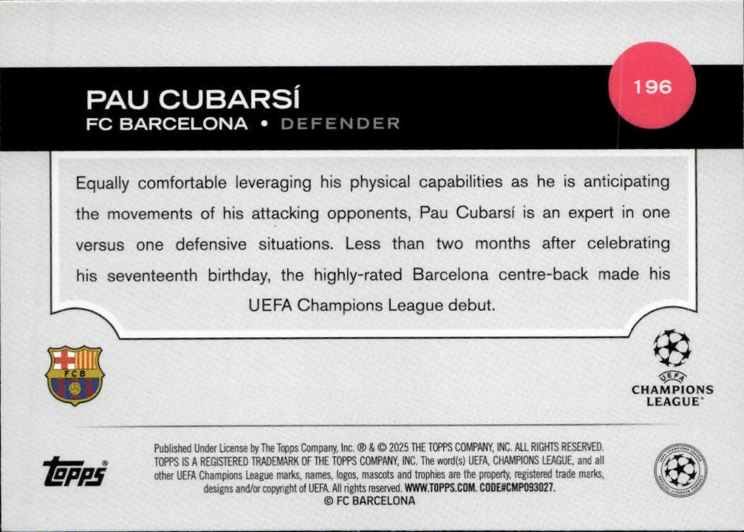 2024-25 Topps UEFA Club Competitions - Base #196 Pau Cubarsi - FC Barcelona - B