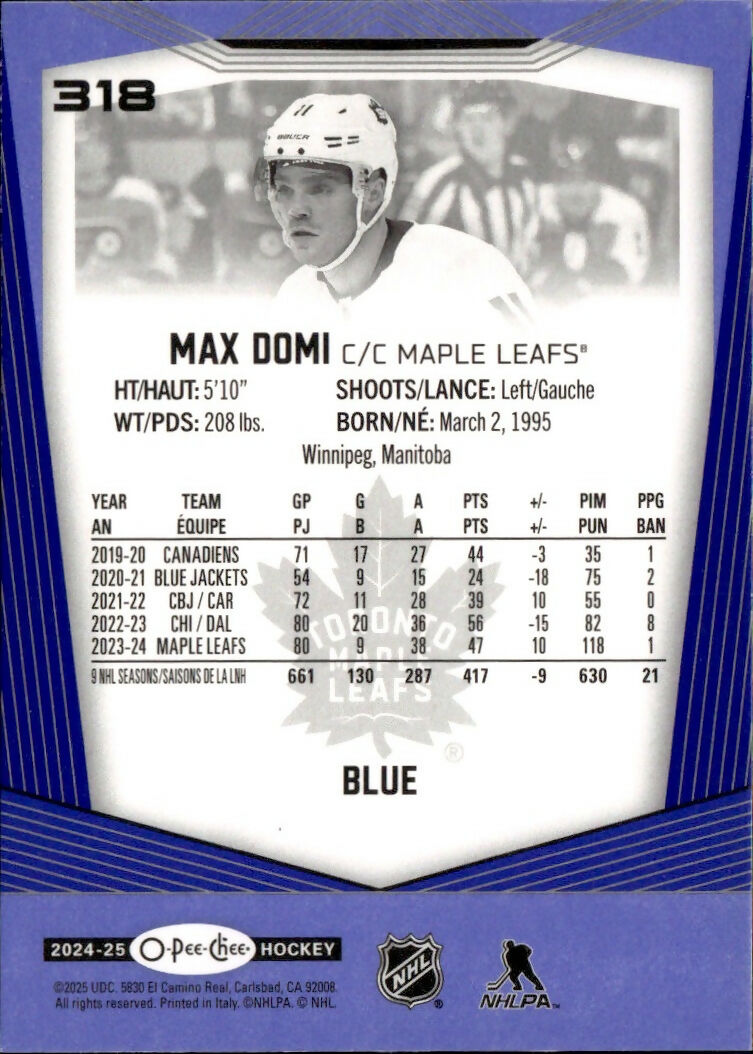2024-25 Upper Deck O-Pee-Chee - Base - Blue #318 Max Domi - Toronto Maple Leafs - B