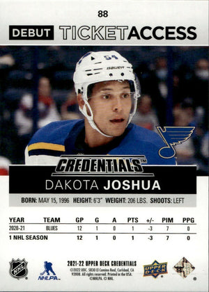 2021-22 Upper Deck Credentials - Base - Debut Ticket Access :999 #88 Dakota Joshua - St. Louis Blues - B