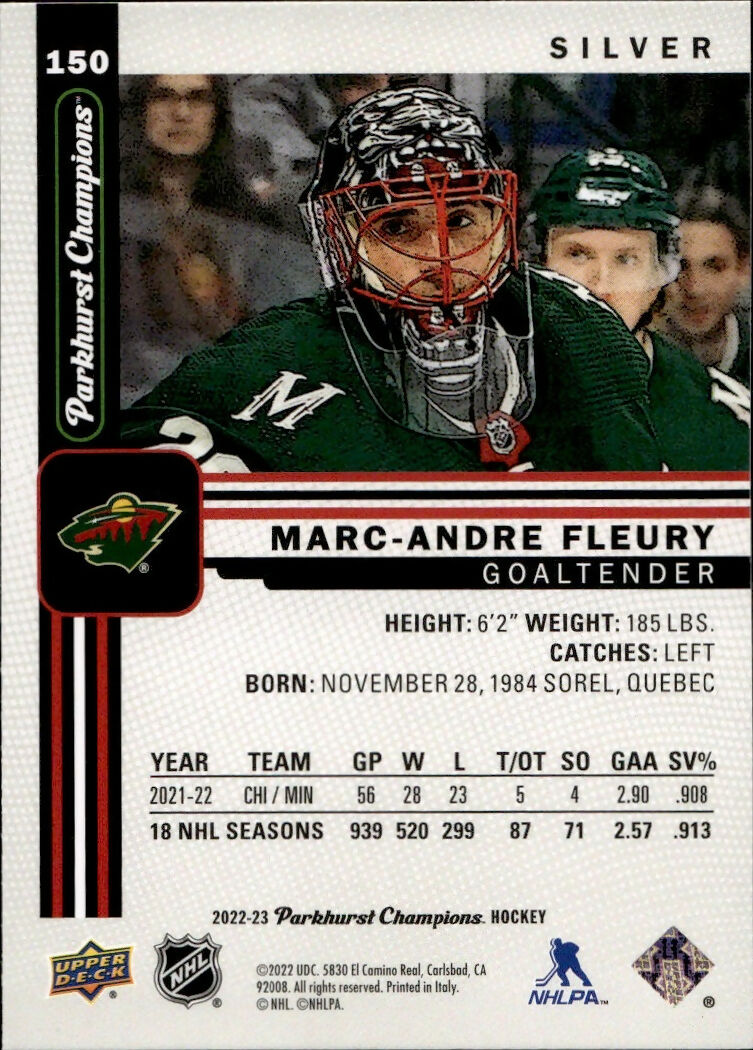 2022-23 Upper Deck Parkhurst Champions - Base - Silver #150 Marc-Andre Fleury - Minnesota Wild - B