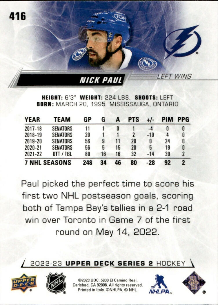 2022-23 Upper Deck Series 2 Hockey - Base #416 Nick Paul - Tampa Bay Lightning - B