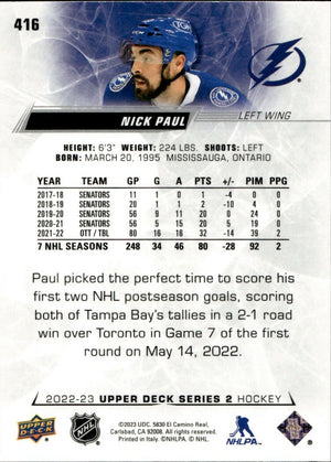 2022-23 Upper Deck Series 2 Hockey - Base #416 Nick Paul - Tampa Bay Lightning - B