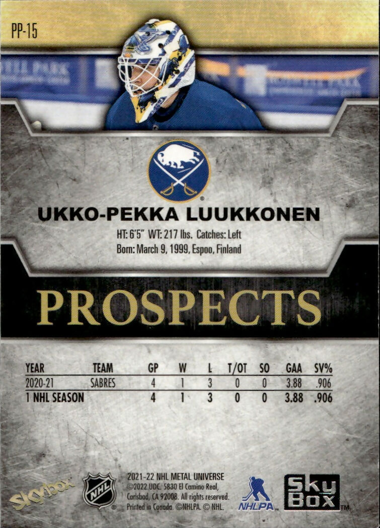 2021-22 Upper Deck Skybox Metal Universe - Prospects #PP-15 Ukko-Pekka Luukkonen - Buffalo Sabres - B