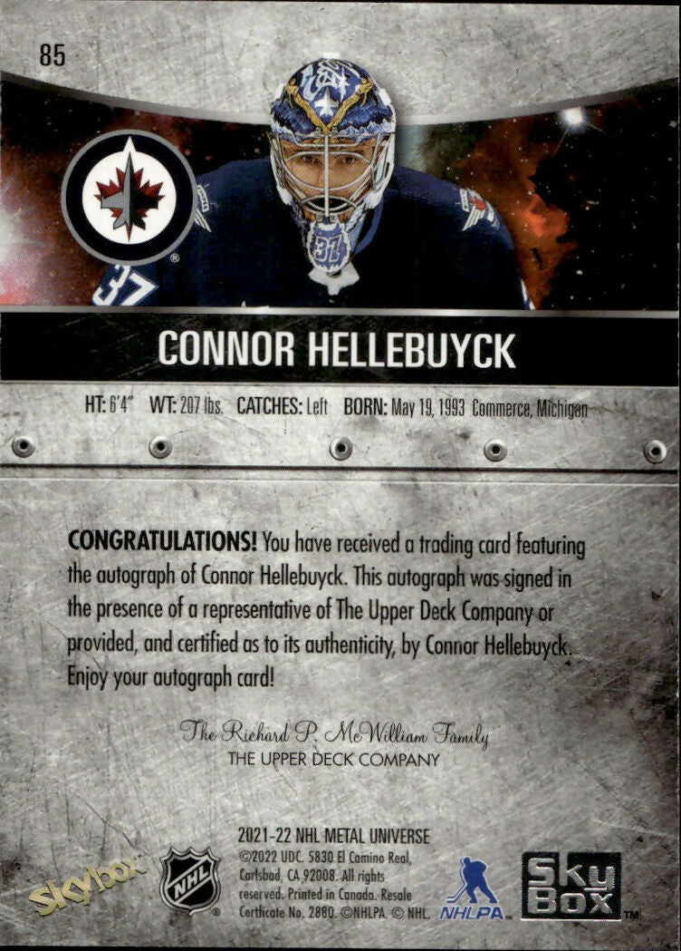 2021-22 Upper Deck Skybox Metal Universe Hockey - Base - Auto #85 Connor Hellebuyck - Winnipeg Jets - B