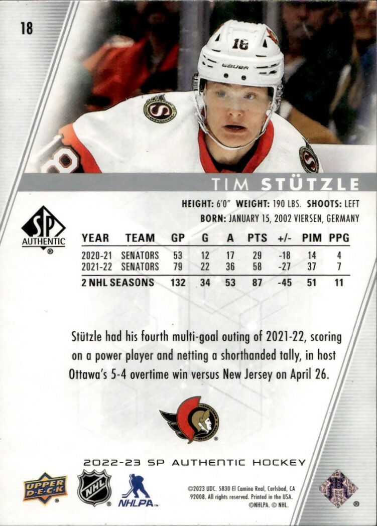 2022-23 Upper Deck SP Authentic Hockey - Base #18 Tim Stutzle - Ottawa Senators - B