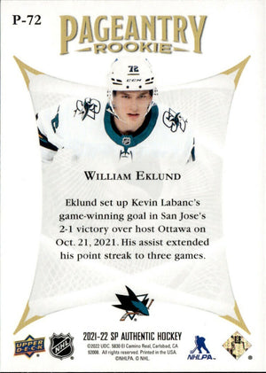 2021-22 Upper Deck SP Authentic Hockey - Pageantry #P-72 William Eklund - San Jose Sharks - B