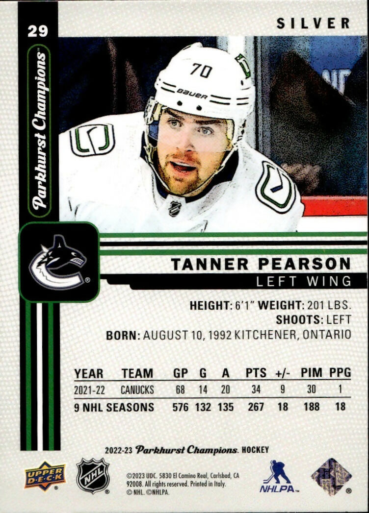 2022-23 Upper Deck Parkhurst Champions - Base - Silver #29 Tanner Pearson - Vancouver Canucks - B