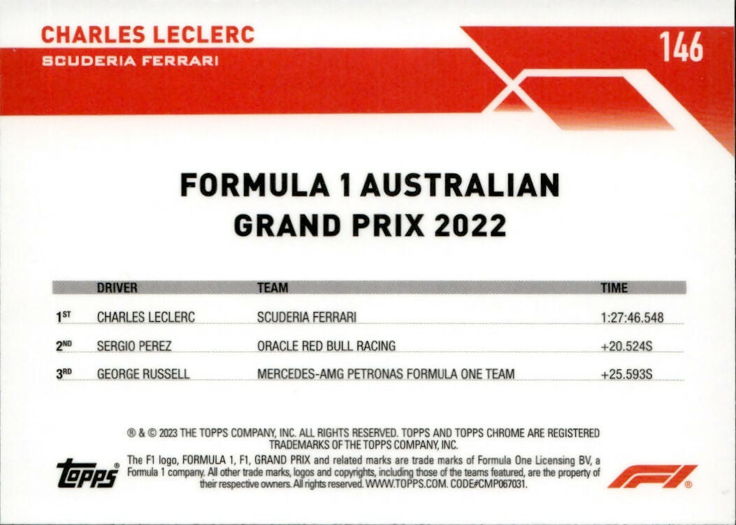 2023 Topps Chrome Formula 1 Base #146 - Grand Prix Winners - Checker Flag X-Fractor Charles LeClerc - Scuderia Ferrari - B