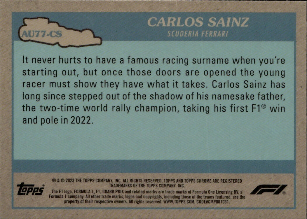 2023 Topps Chrome Formula 1 Autos of 1977 #AU77-CS Carlos Sainz - Scuderia Ferrari - B