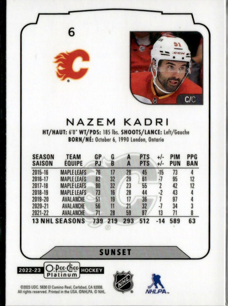2022-23 Upper Deck O-Pee-Chee Platinum Hockey - Base - Sunset #6 Nazem Kadri - Calgary Flames - B