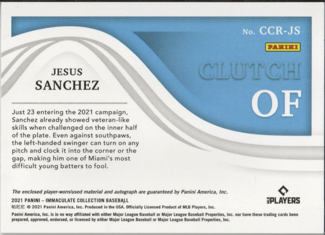 2021 Panini Immaculate Collection Baseball - Clearly Clutch Rookie Materials :51 CCR#JS Jesus Sanchez - Miami Marlins - B