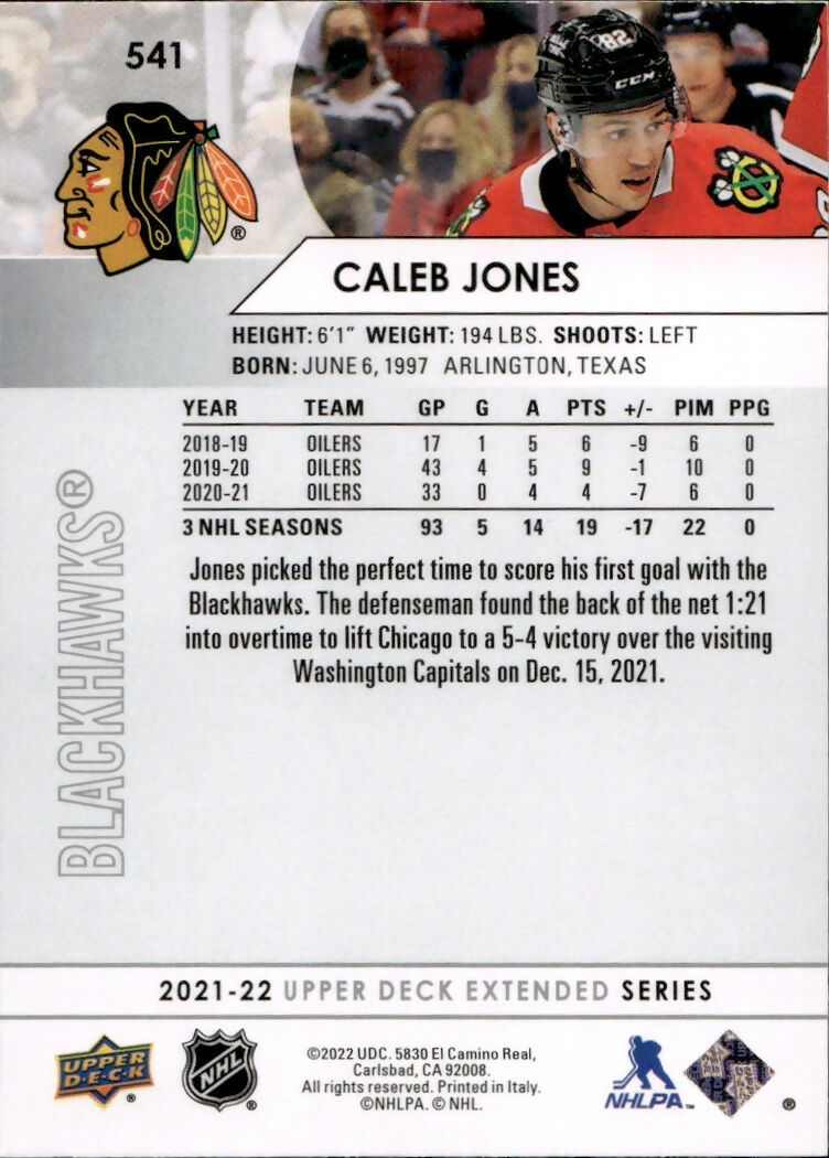 2021-22 Upper Deck Extended Series Hockey - Base #541 Caleb Jones - Chicago Blackhawks - B