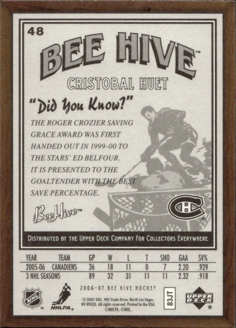 2006-07 Upper Deck - Bee Hive Hockey - Base #48 Cristobal Huet - Montreal Canadiens - B