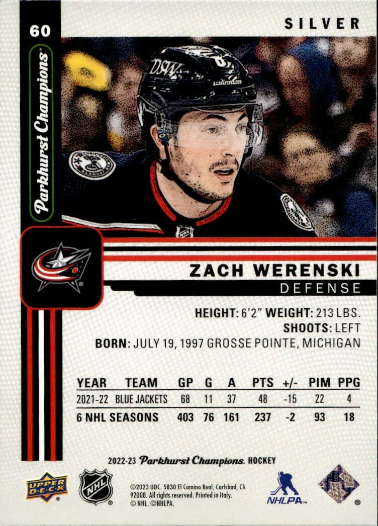 2022-23 Upper Deck Parkhurst Champions - Base - Silver #60 Zach Werenski - Columbus Blue Jackets - B