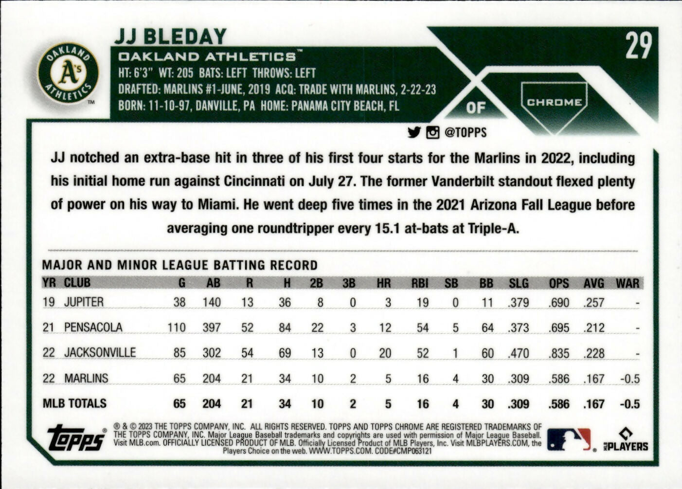 2023 Topps Chrome Baseball - [Base] - Prism Refractor #29 JJ Bleday - Oakland Athletics - B