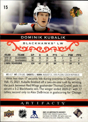 2021-22 Upper Deck Artifacts Hockey - Base - Red :499 #15 Dominik Kubalik - Chicago Blackhawks - B