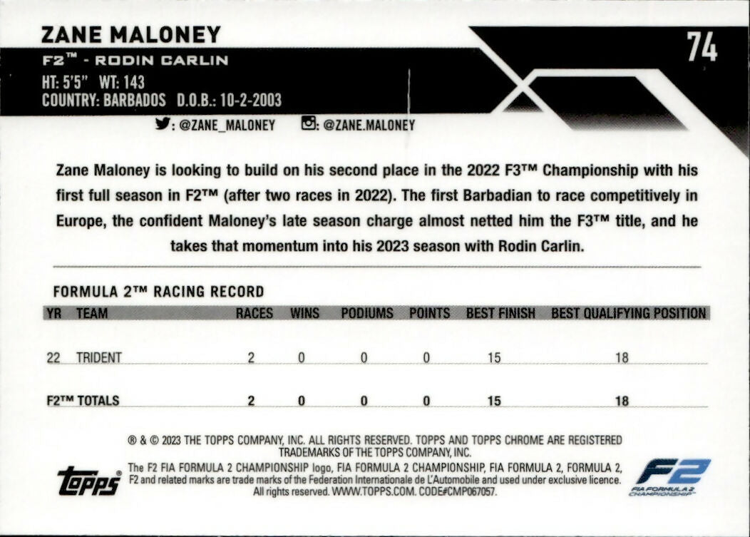2023 Topps Chrome Formula 1 Base #74 - F2 Drivers Zane Maloney - F2 Rodin Carlin - B