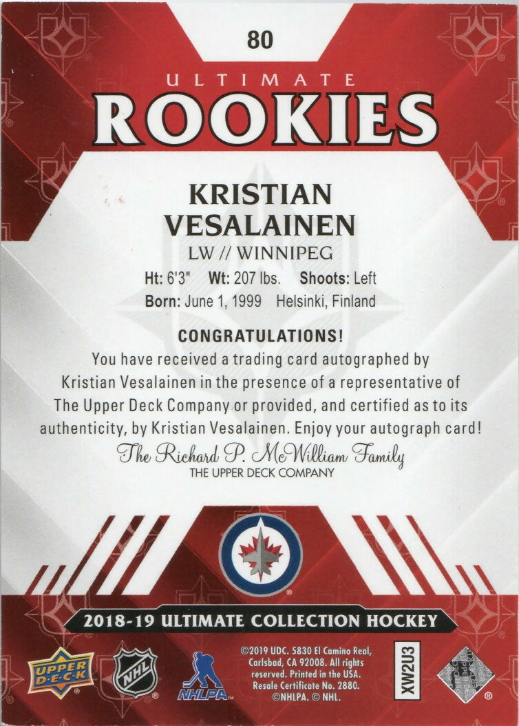 2018-19 Upper Deck Ultimate Hockey - Rookies /299 #80 Kristian Vesalainen - Winnipeg Jets